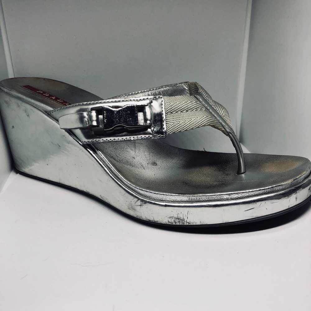 PRADA SPORT LEATHER WEDGE SANDALS